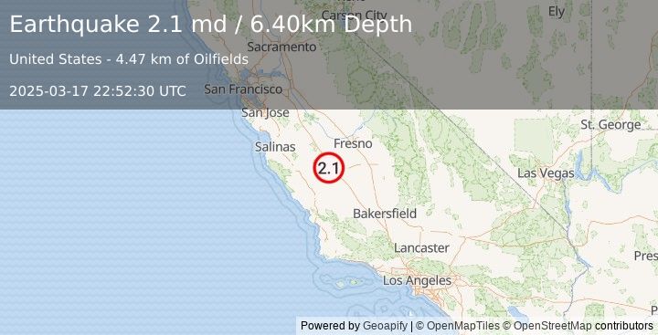 Earthquake CENTRAL CALIFORNIA (2.1 md) (2025-03-17 22:52:30 UTC)