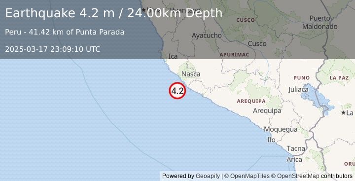 Earthquake NEAR COAST OF CENTRAL PERU (4.2 m) (2025-03-17 23:09:10 UTC)