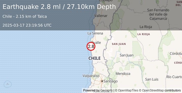 Earthquake COQUIMBO, CHILE (2.8 ml) (2025-03-17 23:19:56 UTC)