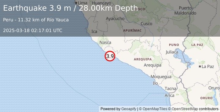 Earthquake NEAR COAST OF SOUTHERN PERU (3.9 m) (2025-03-18 02:17:01 UTC)