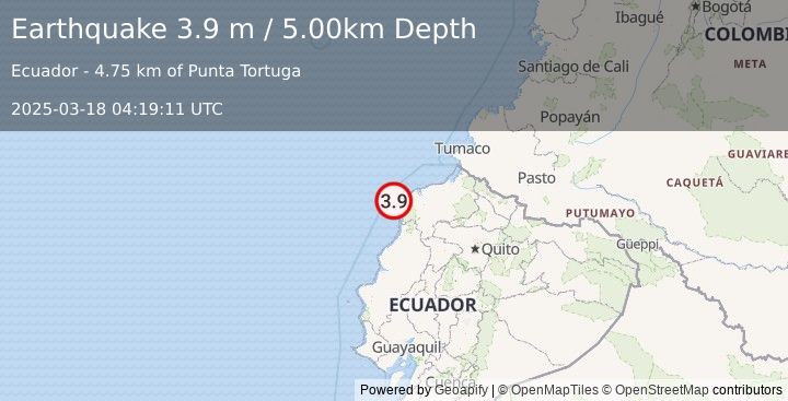 Earthquake NEAR COAST OF ECUADOR (3.9 m) (2025-03-18 04:19:11 UTC)