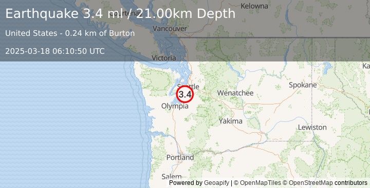 Earthquake SEATTLE-TACOMA AREA, WASHINGTON (3.4 ml) (2025-03-18 06:10:50 UTC)