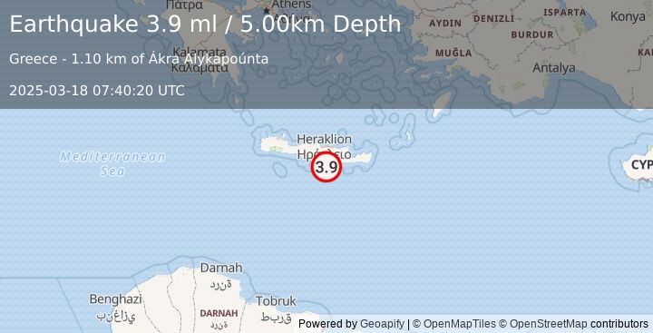 Earthquake CRETE, GREECE (3.6 ml) (2025-03-18 07:40:19 UTC)