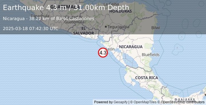 Earthquake NEAR COAST OF NICARAGUA (4.3 m) (2025-03-18 07:42:30 UTC)