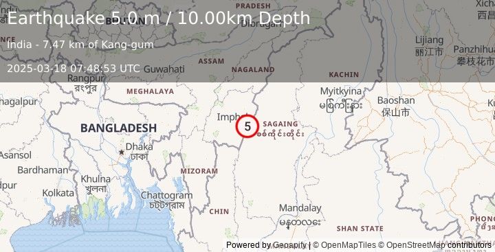 Earthquake MYANMAR-INDIA BORDER REGION (5.1 mw) (2025-03-18 07:48:59 UTC)