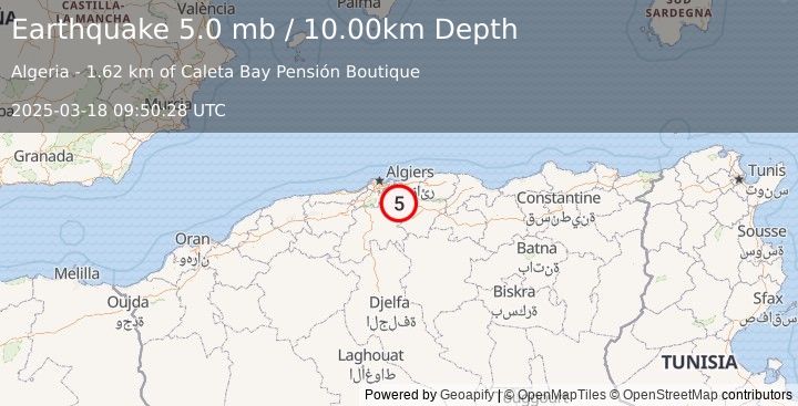 Earthquake NORTHERN ALGERIA (5.0 mb) (2025-03-18 09:50:30 UTC)