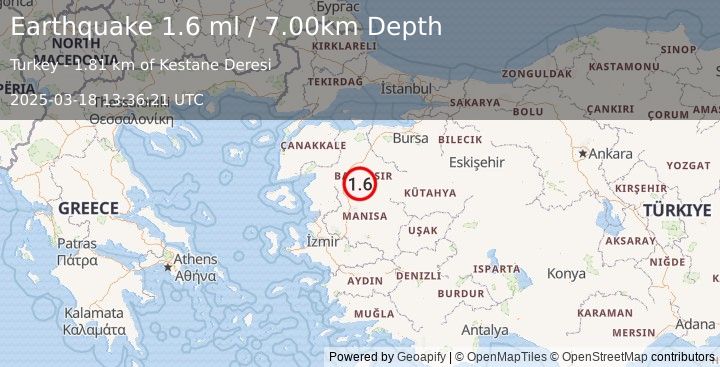 Earthquake WESTERN TURKEY (1.6 ml) (2025-03-18 13:36:21 UTC)