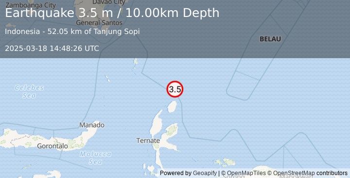 Earthquake NORTH OF HALMAHERA, INDONESIA (3.5 m) (2025-03-18 14:48:26 UTC)