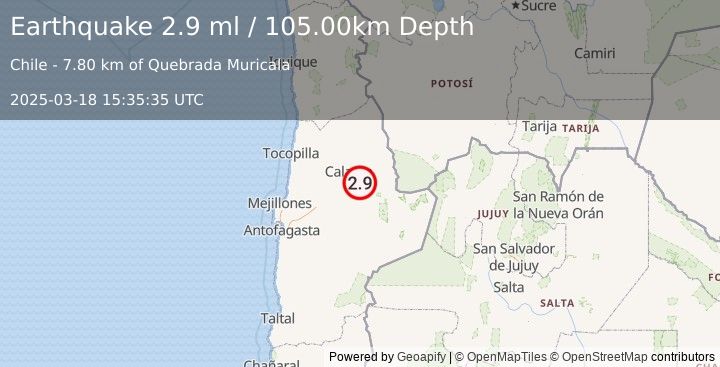 Earthquake ANTOFAGASTA, CHILE (2.9 ml) (2025-03-18 15:35:35 UTC)