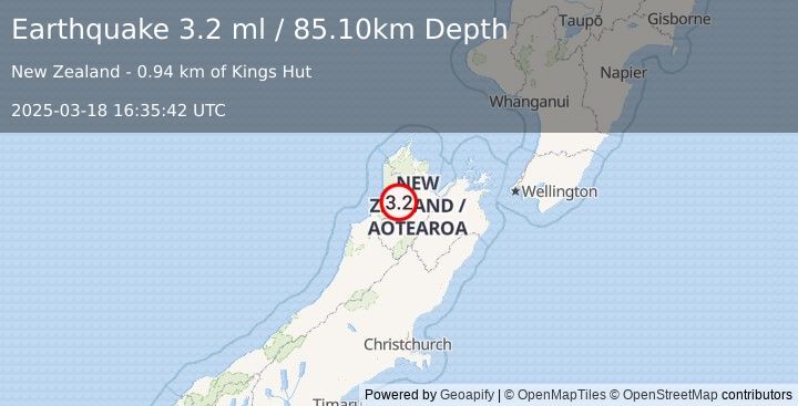 Earthquake SOUTH ISLAND OF NEW ZEALAND (3.2 ml) (2025-03-18 16:35:42 UTC)