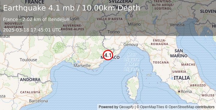 Earthquake NEAR SOUTH COAST OF FRANCE (3.9 ml) (2025-03-18 17:45:01 UTC)