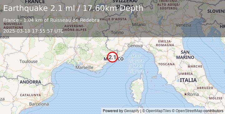 Earthquake NEAR SOUTH COAST OF FRANCE (2.1 ml) (2025-03-18 17:55:57 UTC)