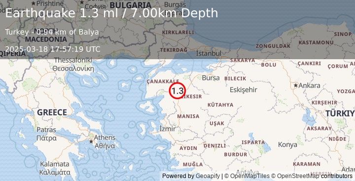 Earthquake WESTERN TURKEY (1.3 ml) (2025-03-18 17:57:19 UTC)