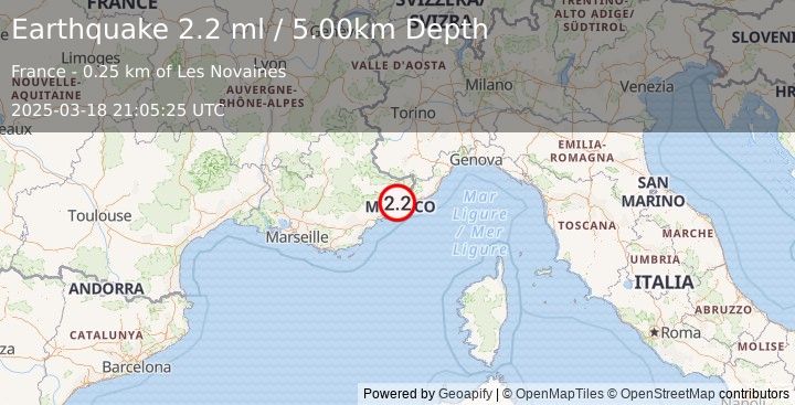 Earthquake NEAR SOUTH COAST OF FRANCE (2.2 ml) (2025-03-18 21:05:25 UTC)