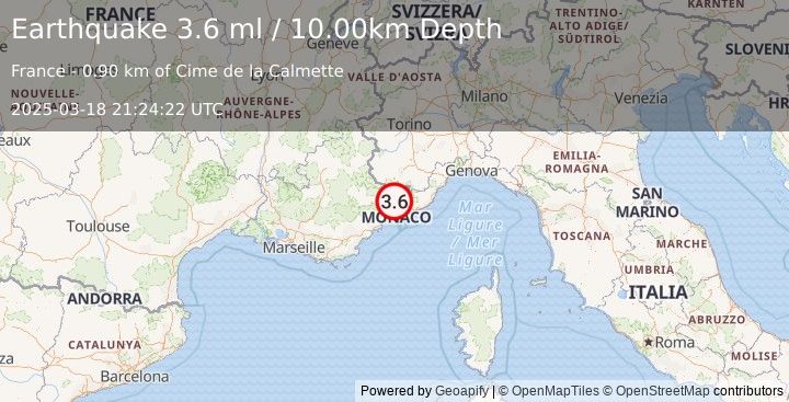 Earthquake NEAR SOUTH COAST OF FRANCE (3.8 ml) (2025-03-18 21:24:23 UTC)