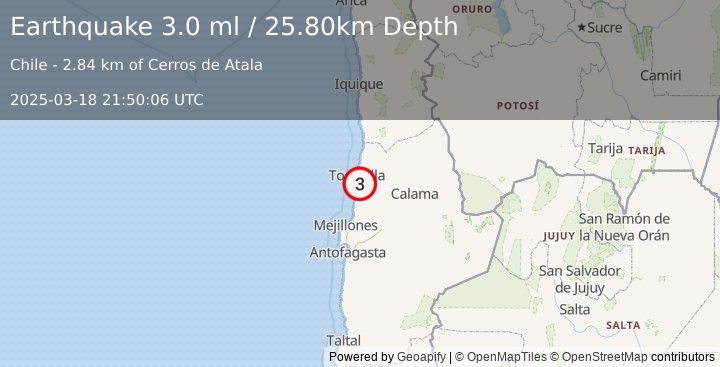 Earthquake ANTOFAGASTA, CHILE (3.0 ml) (2025-03-18 21:50:06 UTC)