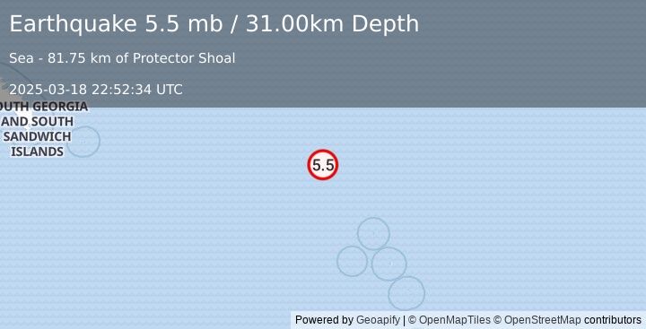 Earthquake SOUTH SANDWICH ISLANDS REGION (5.4 mb) (2025-03-18 22:52:35 UTC)