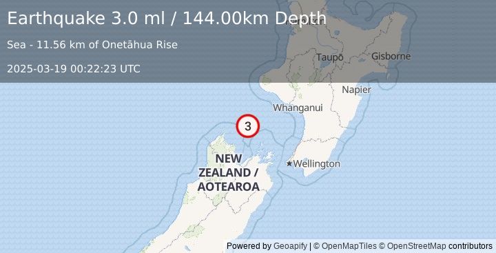 Earthquake COOK STRAIT, NEW ZEALAND (3.0 ml) (2025-03-19 00:22:23 UTC)