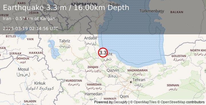 Earthquake NEAR THE COAST OF NORTHERN IRAN (3.3 m) (2025-03-19 02:14:56 UTC)