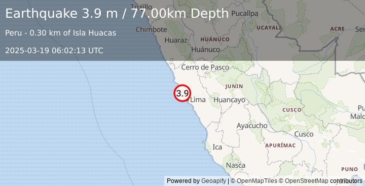 Earthquake NEAR COAST OF CENTRAL PERU (3.9 m) (2025-03-19 06:02:13 UTC)