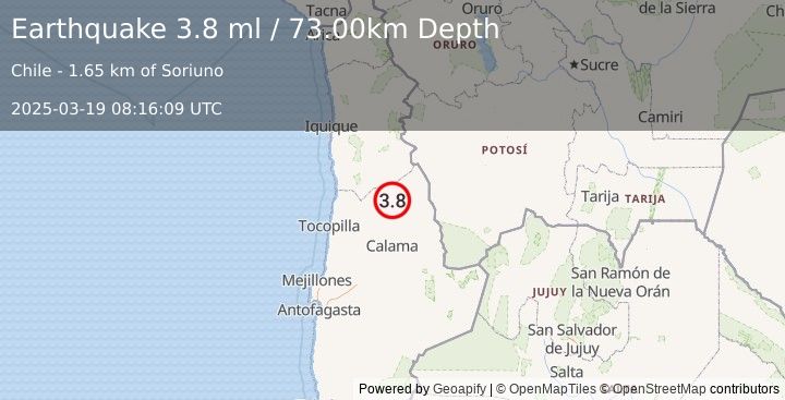 Earthquake ANTOFAGASTA, CHILE (3.7 ml) (2025-03-19 08:16:07 UTC)