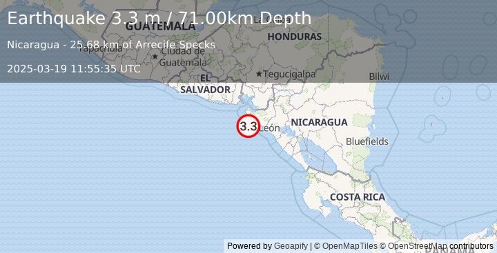 Earthquake NEAR COAST OF NICARAGUA (3.3 m) (2025-03-19 11:55:35 UTC)