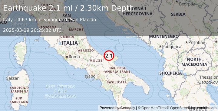 Earthquake SOUTHERN ITALY (2.1 ml) (2025-03-19 20:25:32 UTC)