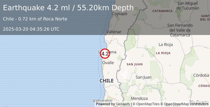 Earthquake OFFSHORE COQUIMBO, CHILE (4.2 ml) (2025-03-20 04:35:26 UTC)