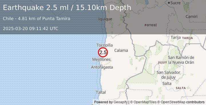 Earthquake OFFSHORE ANTOFAGASTA, CHILE (2.5 ml) (2025-03-20 09:11:42 UTC)