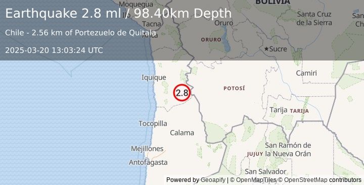 Earthquake TARAPACA, CHILE (2.8 ml) (2025-03-20 13:03:24 UTC)