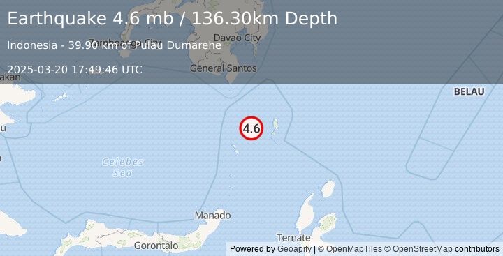 Earthquake KEPULAUAN TALAUD, INDONESIA (4.6 mb) (2025-03-20 17:49:46 UTC)