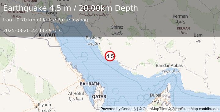 Earthquake SOUTHERN IRAN (4.5 m) (2025-03-20 22:43:49 UTC)