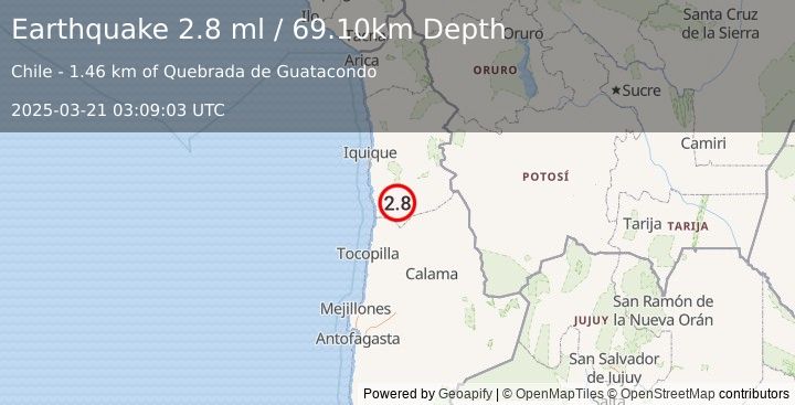 Earthquake TARAPACA, CHILE (2.8 ml) (2025-03-21 03:09:03 UTC)