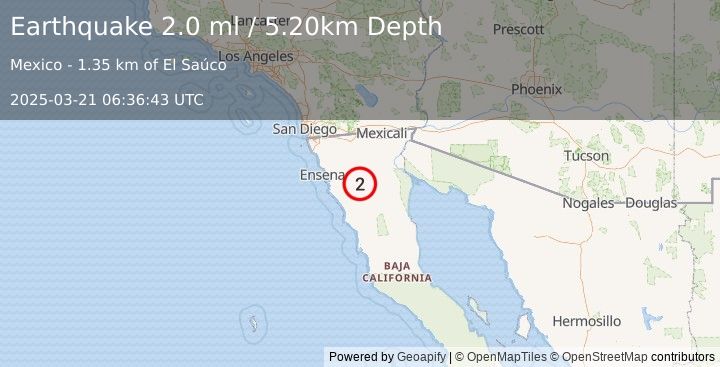 Earthquake BAJA CALIFORNIA, MEXICO (2.0 ml) (2025-03-21 06:36:43 UTC)