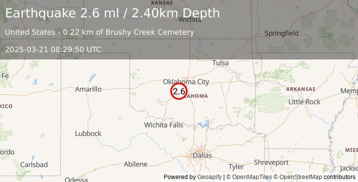 Earthquake OKLAHOMA (2.6 ml) (2025-03-21 08:29:50 UTC)