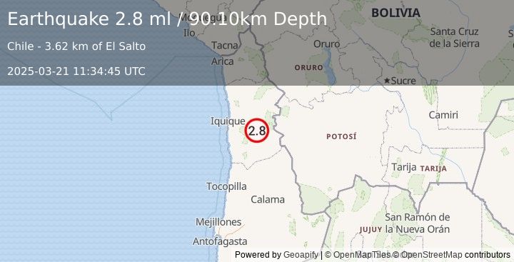 Earthquake TARAPACA, CHILE (2.8 ml) (2025-03-21 11:34:45 UTC)