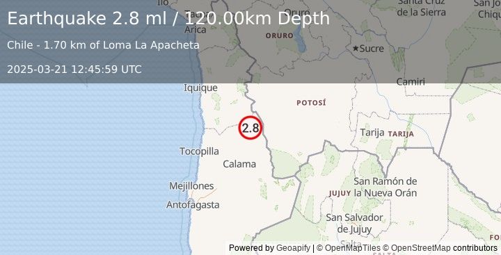 Earthquake ANTOFAGASTA, CHILE (2.8 ml) (2025-03-21 12:45:59 UTC)