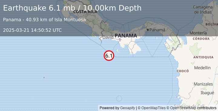 Earthquake SOUTH OF PANAMA (6.1 mb) (2025-03-21 14:50:52 UTC)