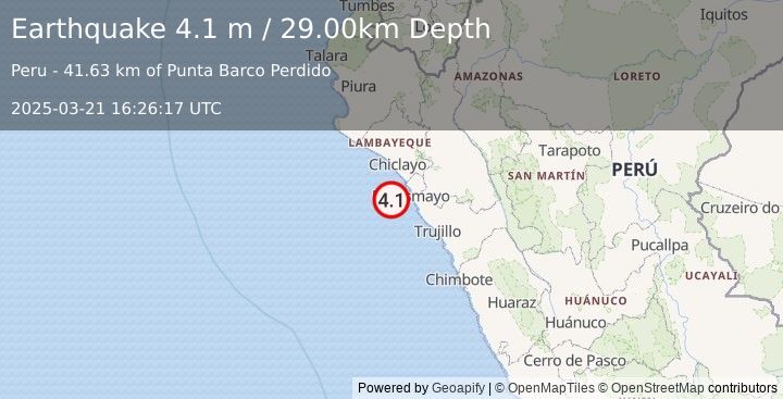 Earthquake NEAR COAST OF NORTHERN PERU (4.1 m) (2025-03-21 16:26:17 UTC)