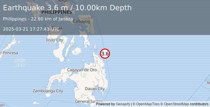 Earthquake MINDANAO, PHILIPPINES (3.6 m) (2025-03-21 17:27:43 UTC)