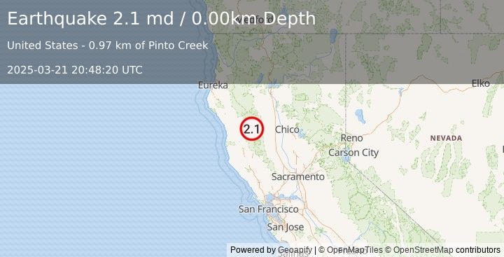 Earthquake NORTHERN CALIFORNIA (2.1 md) (2025-03-21 20:48:20 UTC)