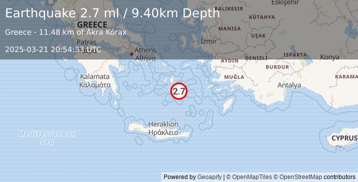 Earthquake DODECANESE ISLANDS, GREECE (2.7 ml) (2025-03-21 20:54:33 UTC)