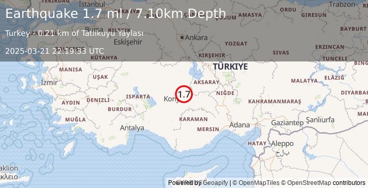 Earthquake CENTRAL TURKEY (1.7 ml) (2025-03-21 22:19:33 UTC)