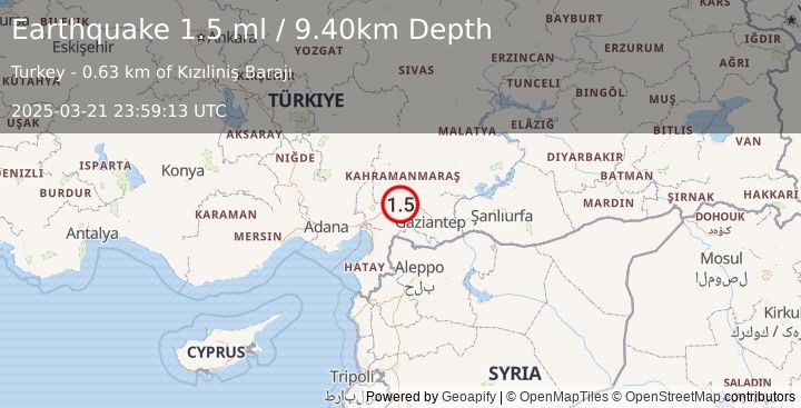 Earthquake CENTRAL TURKEY (1.5 ml) (2025-03-21 23:59:13 UTC)