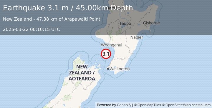 Earthquake COOK STRAIT, NEW ZEALAND (3.1 m) (2025-03-22 00:10:15 UTC)