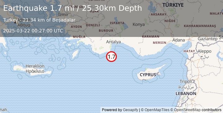 Earthquake WESTERN TURKEY (1.7 ml) (2025-03-22 00:27:00 UTC)