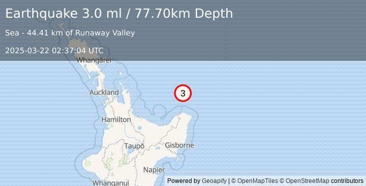 Earthquake OFF E. COAST OF N. ISLAND, N.Z. (3.0 ml) (2025-03-22 02:37:04 UTC)