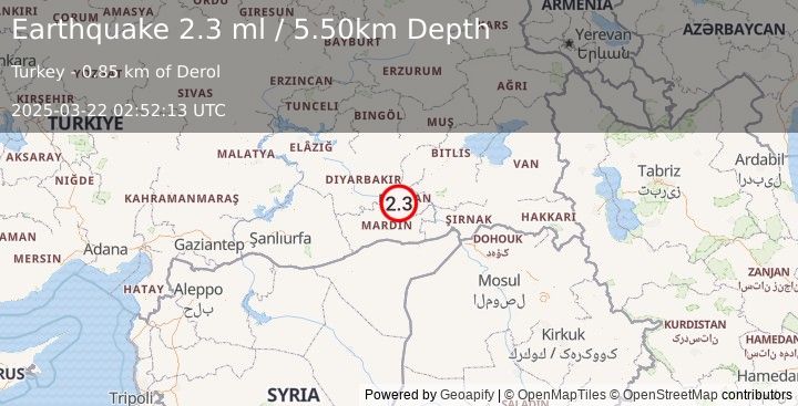 Earthquake EASTERN TURKEY (2.3 ml) (2025-03-22 02:52:13 UTC)