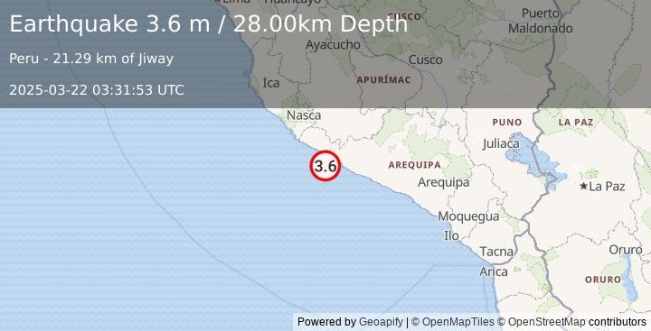 Earthquake NEAR COAST OF SOUTHERN PERU (3.6 m) (2025-03-22 03:31:53 UTC)