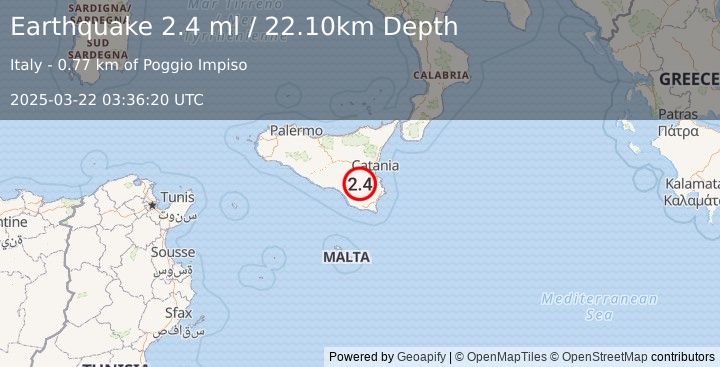 Earthquake SICILY, ITALY (2.4 ml) (2025-03-22 03:36:20 UTC)